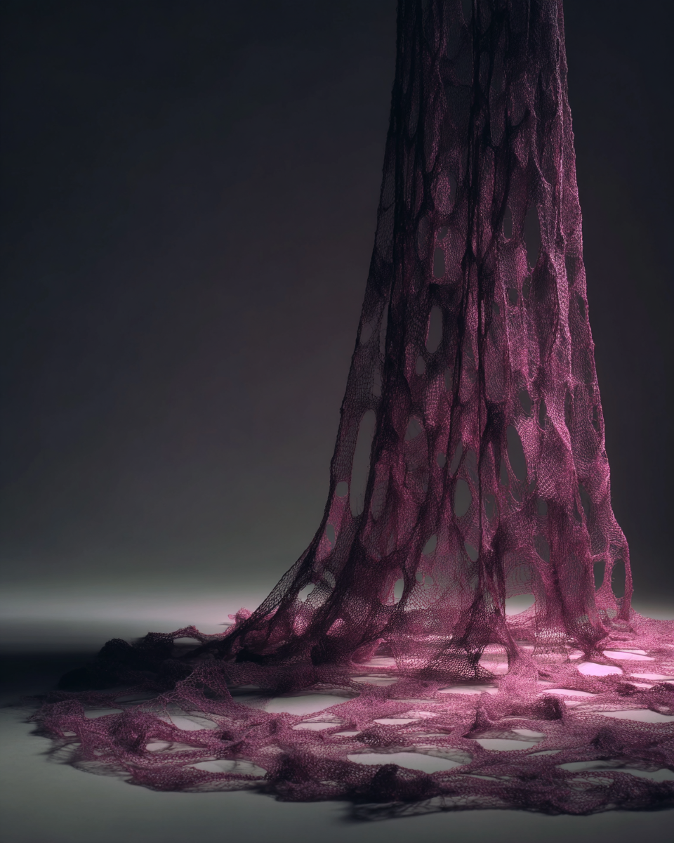 Selected Midjourney image of a dark purple-red open knitted structure